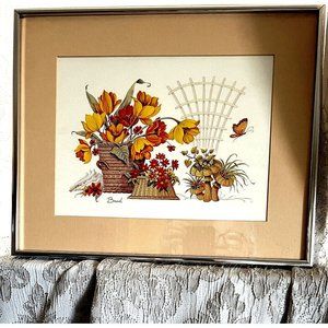 VTG 1960s Artist Signed Painting Print Still Life Flower Mushroom Metal Framed